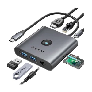 Orico Type-C Male to HDMI, Dual USB, USB-C, LAN, 3.5mm, TF & SD Female Dark Gray Converter #FAX3-8PM-GY