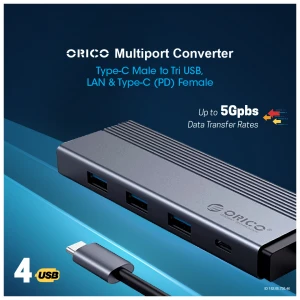ORICO Type-C Male to Tri USB LAN & Type-C (PD) Female Space Gray Converter # 5SXRJ GY-BP