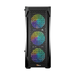 PC Power Flow Dark Lite Mesh Mid Tower Black (Tempered Glass Window) ATX Gaming Desktop Case with 350W PSU