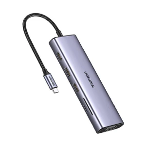 Ugreen CM498 (15601) Type-C Male to HDMI, VGA, Tri USB, LAN, SD, TF, Audio & Type-C Female Gray Multiport Converter #15601