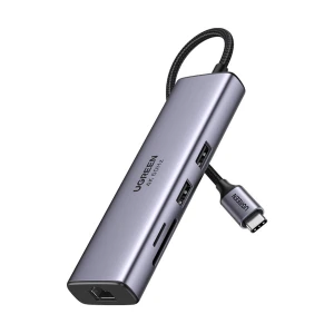 Ugreen CM512 (60515) Type-C Male to Dual USB 3.0, Type-C (PD), HDMI, MicroSD, TF & LAN Female Gray Converter #60515
