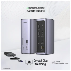 Ugreen CM555 (90325) Type-C Male to Tri USB, Dual Type-C, Dual HDMI, DP, MicroSD, TF, Audio & LAN Female Gray Converter #90325