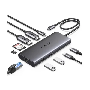 Ugreen CM639 (45380) Type-C Male to Dual HDMI, Dual USB, LAN, SD, TF, Dual Type-C & Type-C (PD) Female Gray Converter #45380