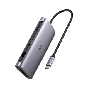 UGREEN 50538 Type-C Male to Tri USB 3.0, HDMI, VGA, SD, TF Card & LAN Female Gray Multi-Interface HUB # 50538