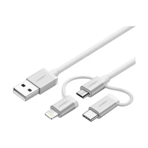 UGREEN 50202 USB Male to Micro USB, Lightning & Type-C, 1 Meter, Silver Data Cable # 50202