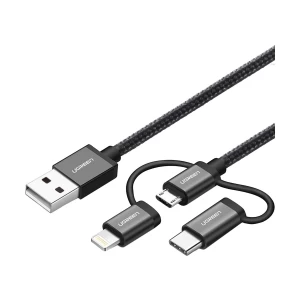UGREEN 80326 USB Male to Micro USB Lightning & Type-C 1 Meter Black Data Cable # 80326