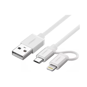 Ugreen 30670 USB Male to Micro USB & Lightning Male, 1.5 Meter, Silver White Data Cable #30670