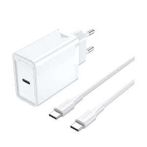 Vention FAHWF-EU 1-Port USB-C 25W White Charger / Charging Adapter With USB-C Male to Male White Charging Cable #FAHWF-EU (2 Pin, EU)