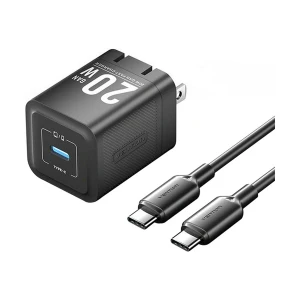 Vention TZ-FEPB0-US-01 20W GaN USB-C Black Charger / Charging Adapter With USB-C Male to Male Black Charging Cable #TZ-FEPB0-US-01 (2 Pin, US)