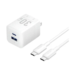 Vention TZ-FEQW0-US-01 30W GaN USB & USB-C White Charger / Charging Adapter With USB-C Male to Male White Charging Cable #TZ-FEQW0-US-01 (2 Pin, US)