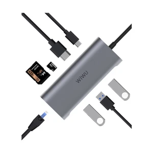 WiWU Alpha Hub 8 In 1 831HRT Type-C Male to HDMI, Tri USB, Type-C, SD, TF & LAN Female Gray Multiport Converter #A831HRT