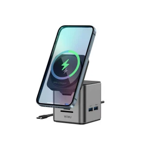 WiWU Cube Hub 9 in 1 Wi-W025 Type-C Male to HDMI, Tri USB 3.0, PD, SD, TF & LAN Female Gray Multiport Converter with Wireless Charger