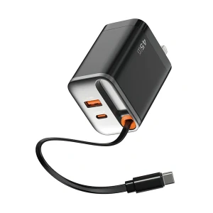 WiWU Helix USB & USB-C 45W GaN Black Charger / Charging Adapter with Built-in Type-C Cable #Wi-G021 (UK)