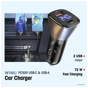 WiWU PC500 72W 2 Ports Black Car Charger (USB-C & USB-A)