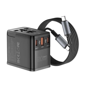 Wiwu Universal Plug 20W GaN USB & Dual USB-C with AC Outlet Black Universal Travel Charger / Charging Adapter with USB-C to C Cable #Wi-UA013 (EU/UK/US)