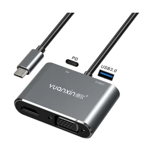 Yuanxin X-3402 Type-C Male to HDMI, VGA, USB & PD Female Sliver Multiport Converter #X-3402