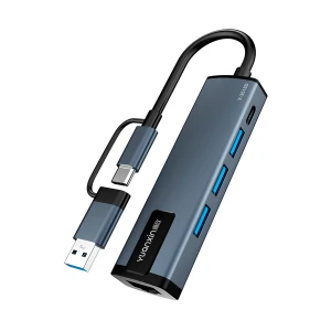 Yuanxin X-3518D Type-C & USB Male to Tri USB, LAN & Type-C Female Grey Converter #X-3518D