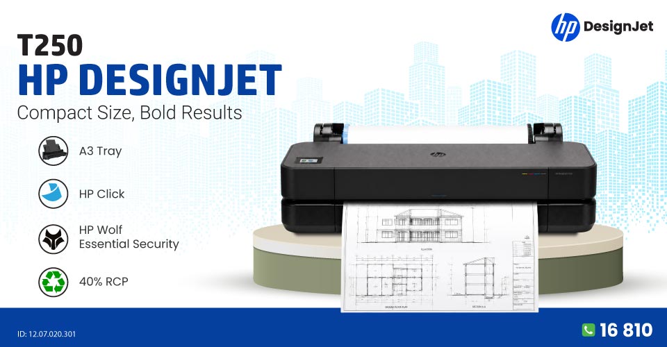 HP DesignJet T250 24-in Printer with A3 Tray (5HB06A)